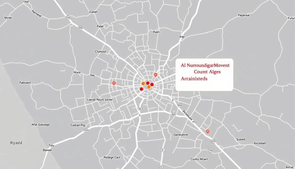 خريطة توضح تغطية خدمات نقل العفش في حي الندوة والأحياء المجاورة خريطة توضح تغطية خدمات نقل العفش في حي الندوة والأحياء المجاورة