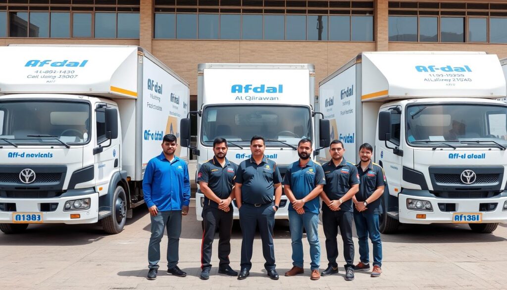 فريق عمل شركة أفضل لنقل العفش في حي القيروان مع أسطول السيارات المتخصصة فريق عمل شركة أفضل لنقل العفش في حي القيروان مع أسطول السيارات المتخصصة