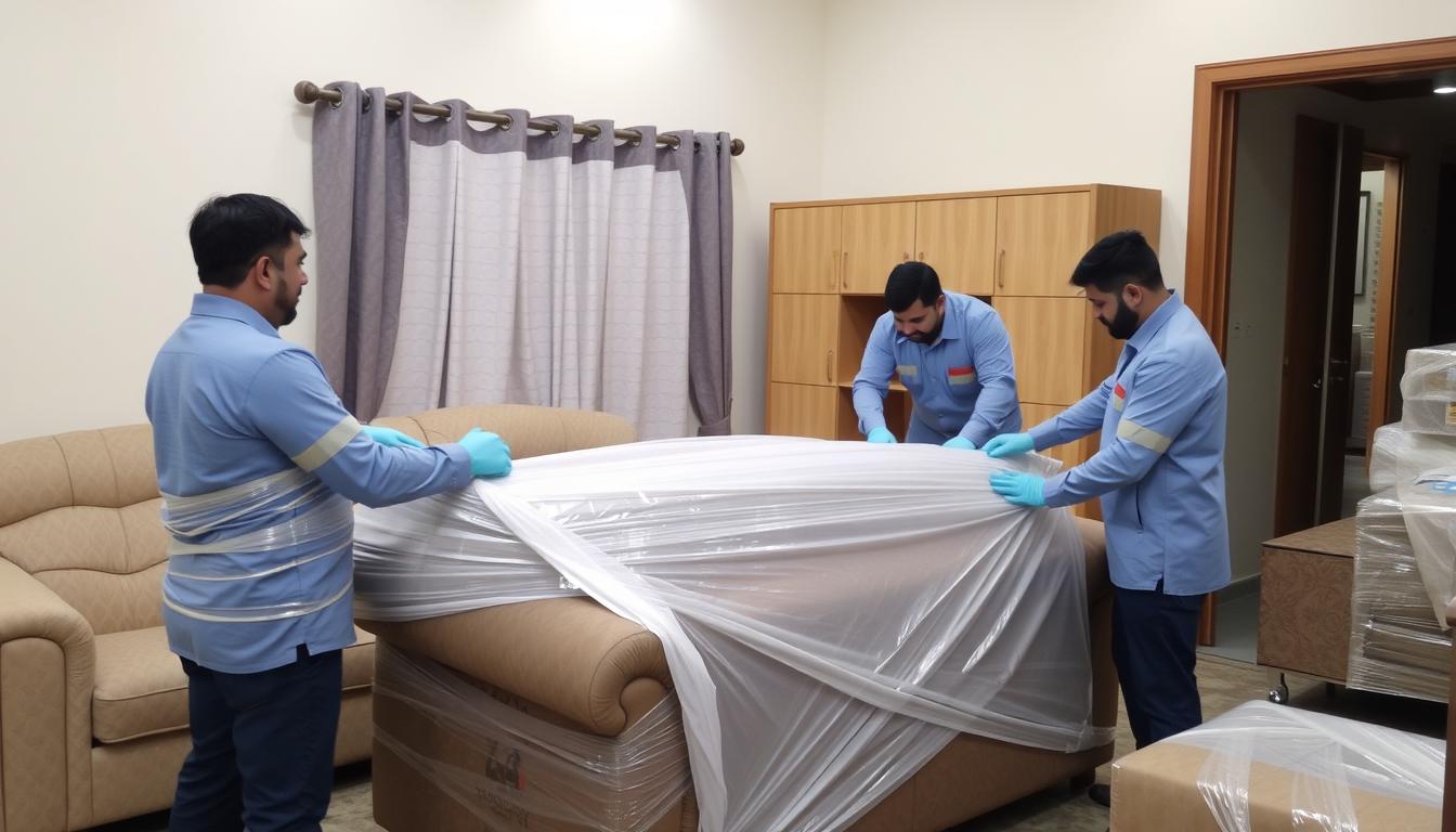 فريق محترف لنقل عفش بحي الملقاة يقوم بتغليف أثاث منزلي