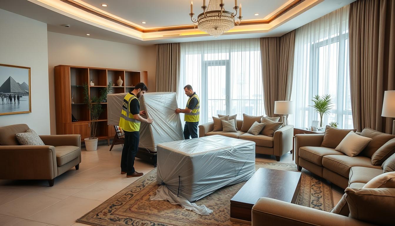 فريق محترف لنقل عفش بحي حطين يقوم بتغليف الأثاث بعناية