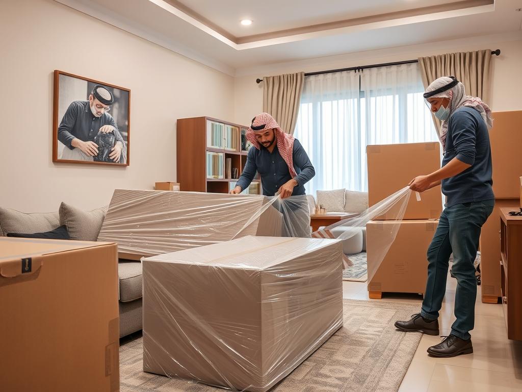 فريق نقل عفش محترف يقوم بتغليف قطع أثاث بعناية في منزل بحي الياسمين فريق نقل عفش محترف يقوم بتغليف قطع أثاث بعناية في منزل بحي الياسمين