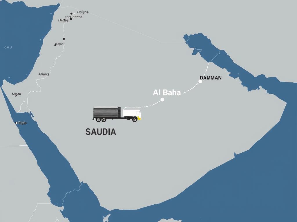 خريطة توضح المسافة بين الباحة والدمام لنقل العفش