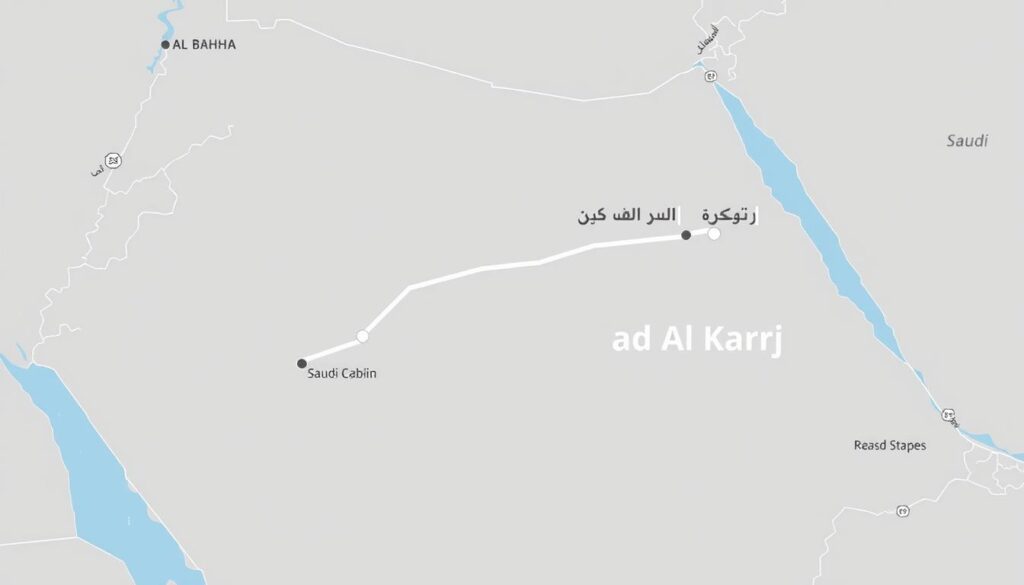 خريطة توضح مسار الرحلة من الباحة إلى الخرج مع نقاط التوقف