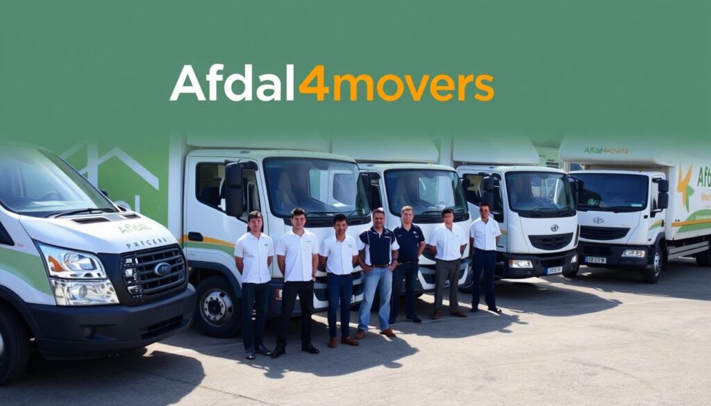 شعار شركة أفضال للمنقولات مع فريق العمل المحترف والمعدات الحديثة