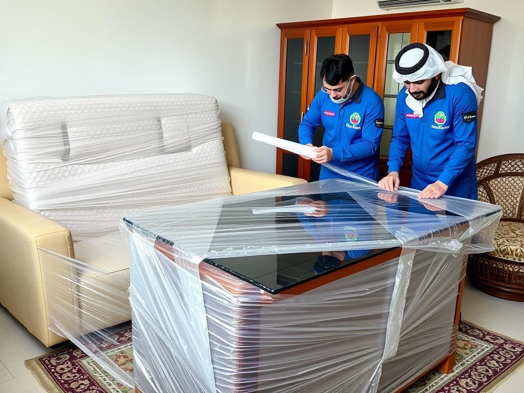 عملية تغليف احترافية للأثاث قبل نقله من الباحة إلى الخرج