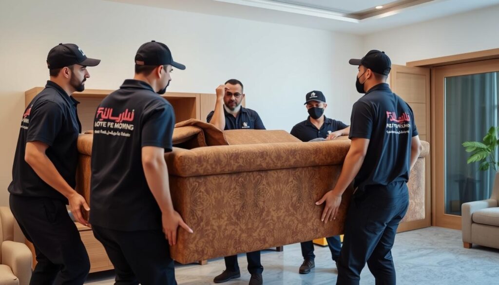 فريق عمل محترف يقوم بنقل الأثاث بعناية فائقة