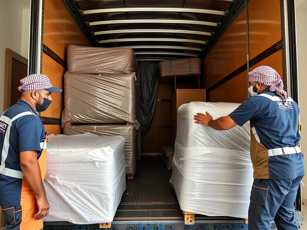 فريق متخصص يقوم بتغليف الأثاث قبل نقله من الباحة إلى الجبيل الصناعية فريق متخصص يقوم بتغليف الأثاث قبل نقله من الباحة إلى الجبيل الصناعية