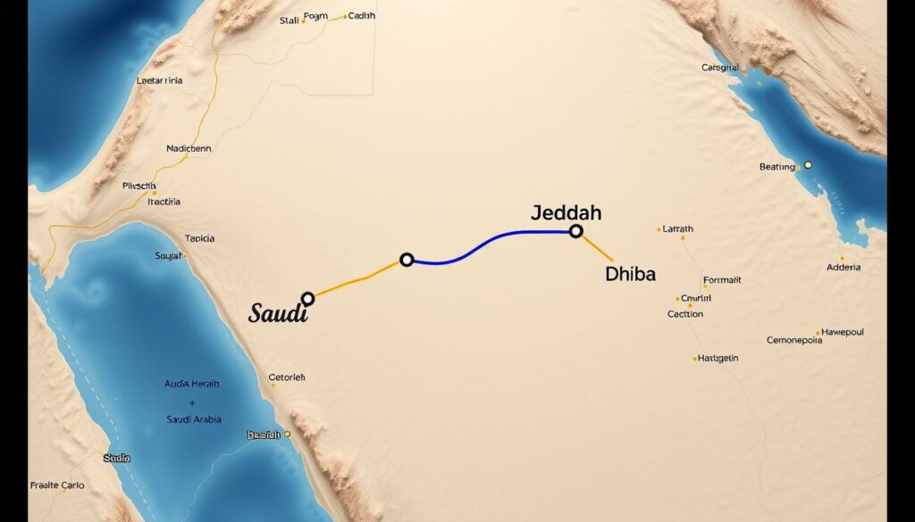 خريطة توضح المسار من جدة إلى ضباء