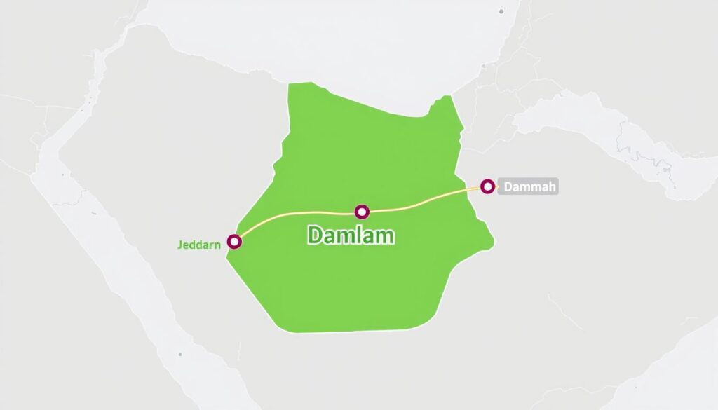 خريطة توضح المسافة بين جدة والدمام لشحن الأثاث