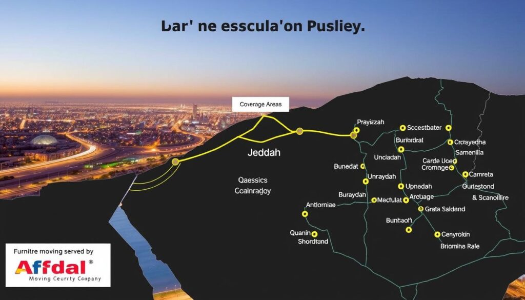 خريطة توضح مناطق التغطية لخدمات نقل أثاث من جدة إلى القصيم