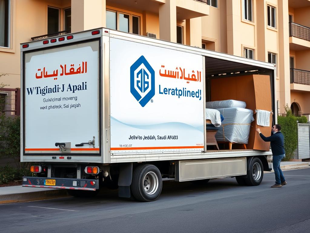 سيارة شحن كبيرة لنقل عفش من جدة إلى سكاكا مع فريق العمل
