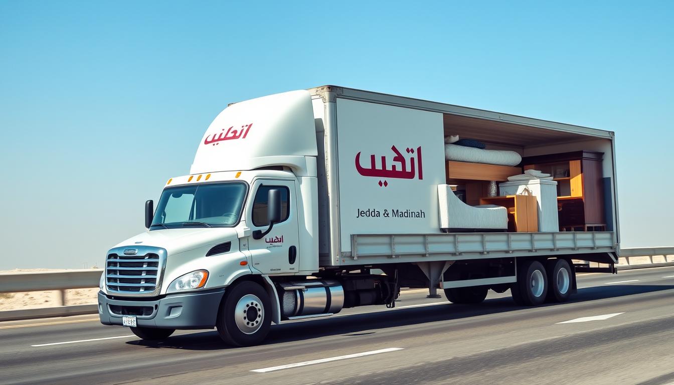 شاحنة نقل أثاث من جدة إلى المدينة المنورة تابعة لشركة الافضل