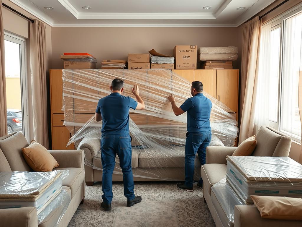 عملية تغليف محترفة للأثاث من شركة نقل عفش من جدة إلى ضباء