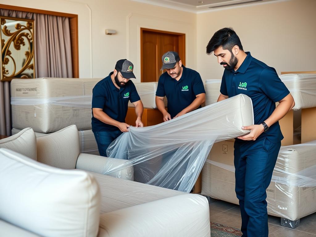 فريق شركة أفضل لنقل العفش يقوم بتغليف الأثاث بعناية فريق شركة أفضل لنقل العفش يقوم بتغليف الأثاث بعناية