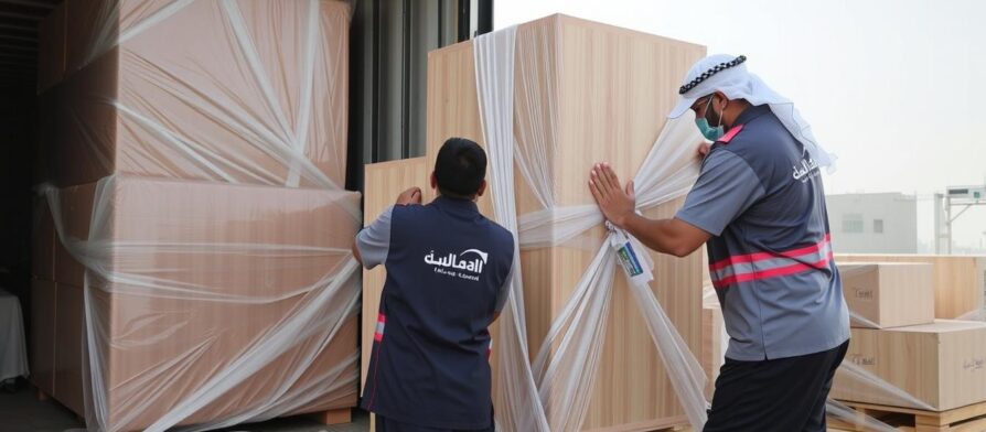 فريق شركة الأفضل لنقل الأثاث من جدة إلى رابغ أثناء تغليف وتحميل الأثاث