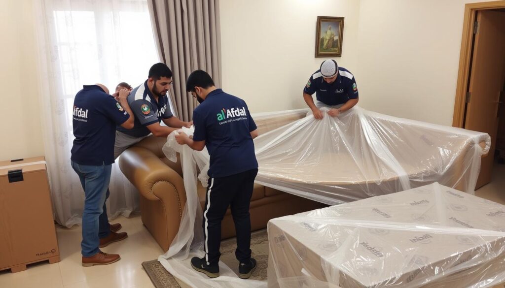 فريق شركة الأفضل يقوم بتغليف وتحميل العفش للنقل من جدة إلى جازان فريق شركة الأفضل يقوم بتغليف وتحميل العفش للنقل من جدة إلى جازان