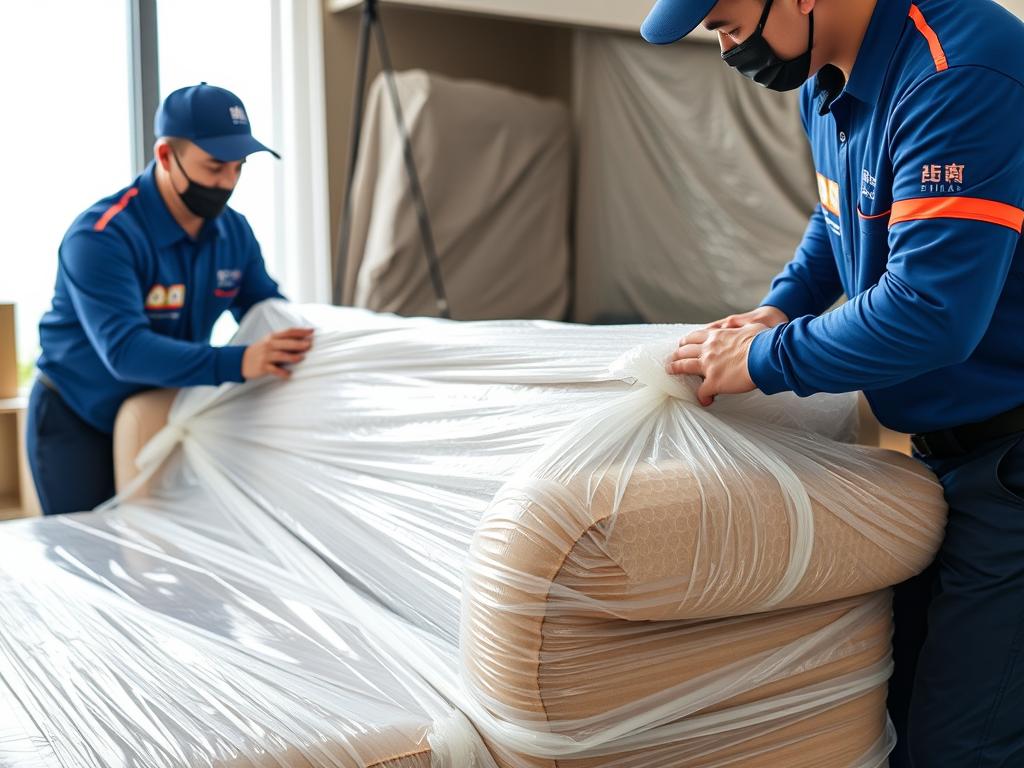 فريق شركة الافضل يقوم بتغليف الأثاث بعناية قبل نقله من جدة إلى الوجه
