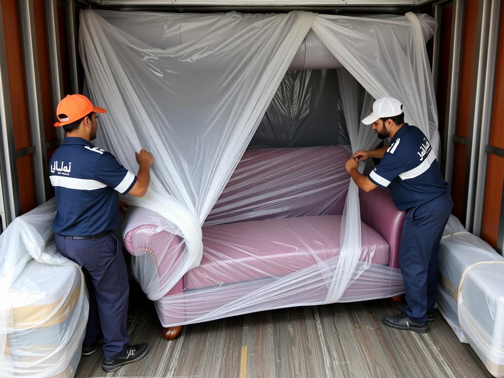 فريق شركة الافضل يقوم بتغليف الأثاث قبل نقله من جدة إلى حائل