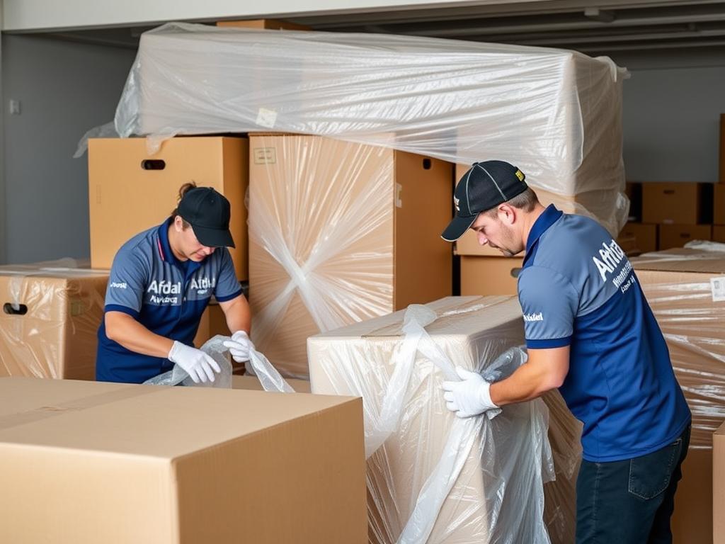 فريق عمل شركة أفضال لنقل العفش يقوم بتغليف الأثاث بعناية فريق عمل شركة أفضال لنقل العفش يقوم بتغليف الأثاث بعناية