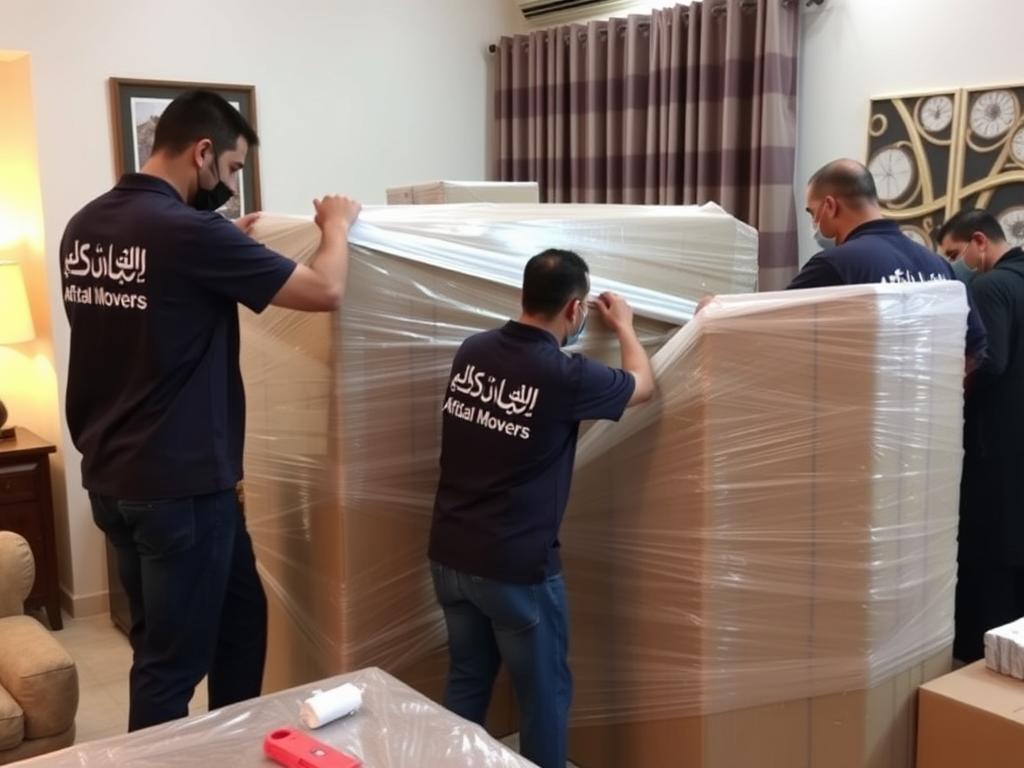 فريق عمل محترف يقوم بتغليف وتحميل الأثاث بعناية لشحنه من جدة إلى الباحة