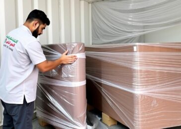 فريق متخصص في شحن عفش من جدة إلى سكاكا يقوم بتغليف الأثاث بعناية