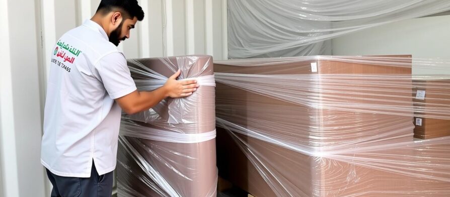 فريق متخصص في شحن عفش من جدة إلى سكاكا يقوم بتغليف الأثاث بعناية