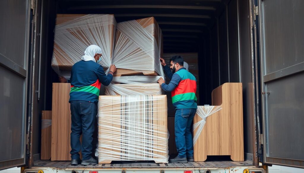 فريق محترف يقوم بتغليف وتحميل الأثاث لشحنه من جدة إلى الدمام